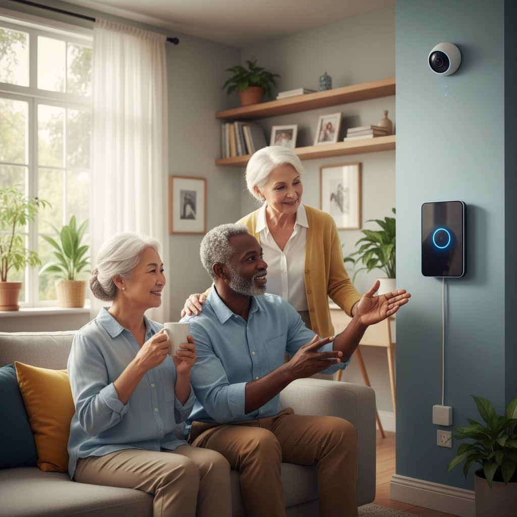 Two older adults talking on a sofa beside a wall-mounted home sensor, a third woman standing behind them