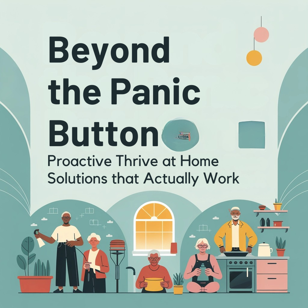 Illustrated title card reading "Beyond the panic button: proactive thrive at home solutions that actually work"