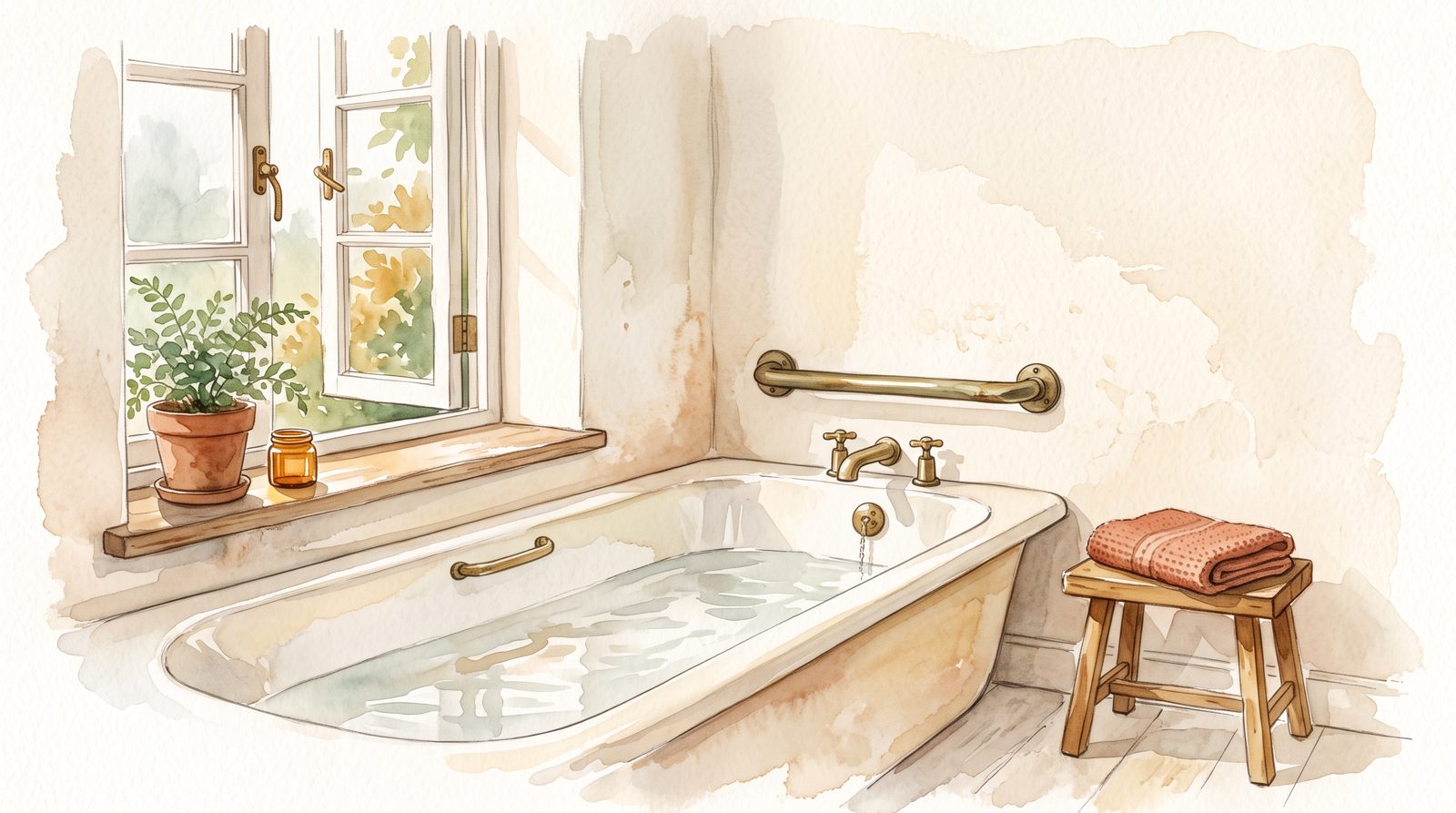 Watercolor illustration of a sunlit bathroom with a grab bar mounted on the wall beside a bathtub, a folded towel on a wooden stool, and a plant on the windowsill