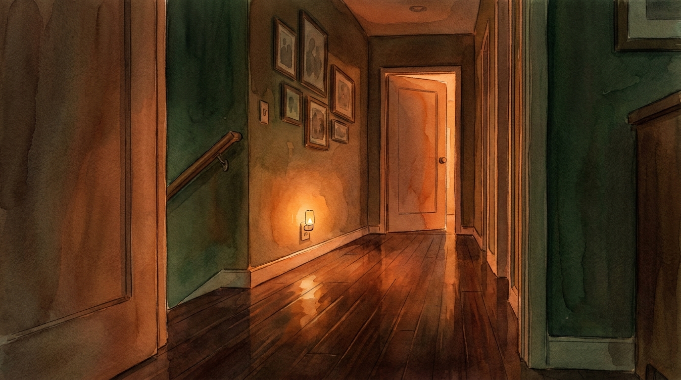 Watercolor illustration of a dim home hallway at night with a clear bare wood floor, a plug-in nightlight glowing near the baseboard, a wall handrail, and warm light from an open door at the end of the hall