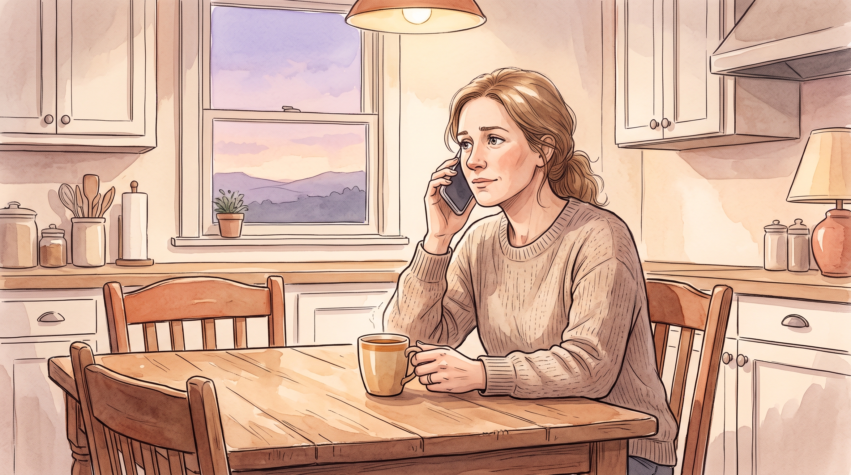 Watercolor illustration of an adult child sitting alone at a kitchen table in evening light, holding a phone, thinking about a parent who lives far away