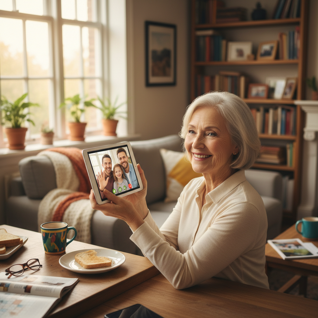 An older adult smiling during a video call with family on a tablet