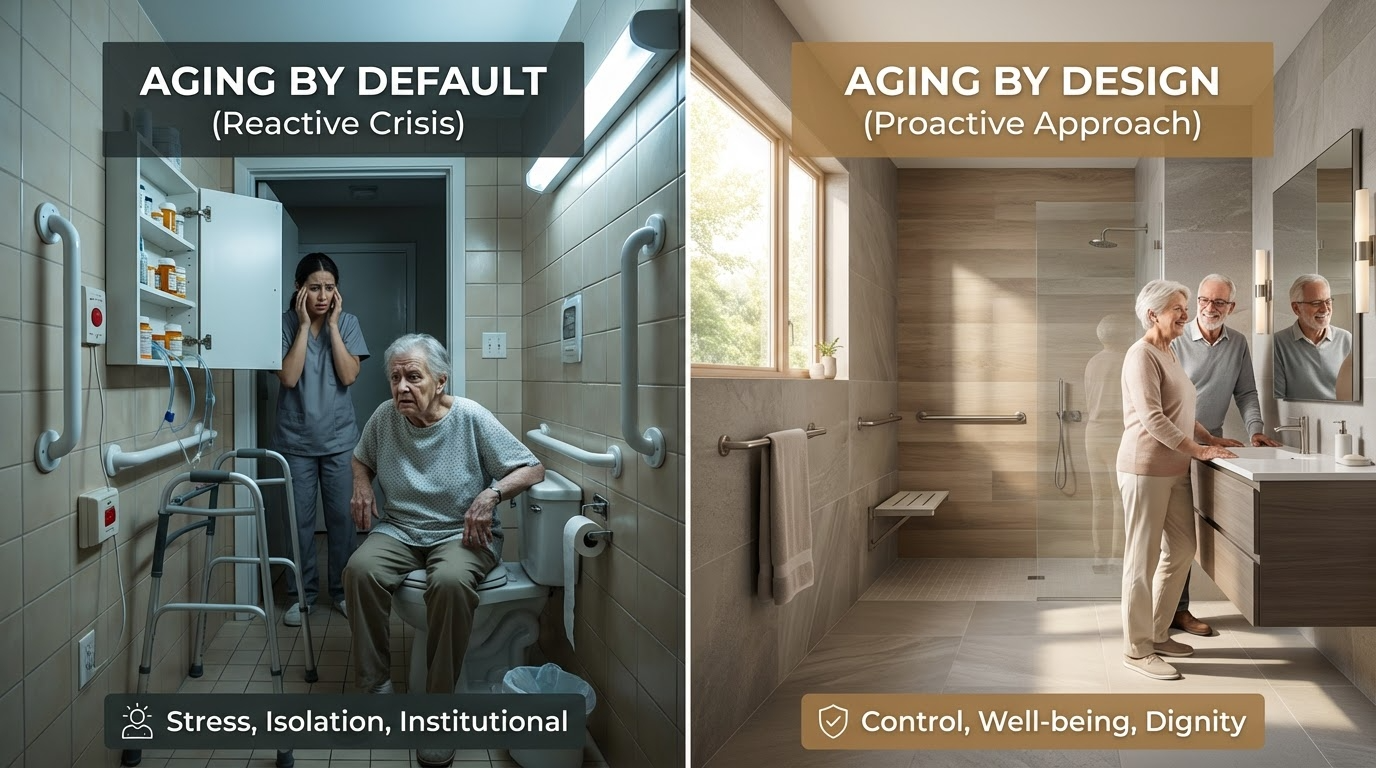 Side-by-side panels contrasting "Aging by default", a cramped grey bathroom with a walker, against "Aging by design", a bright accessible one