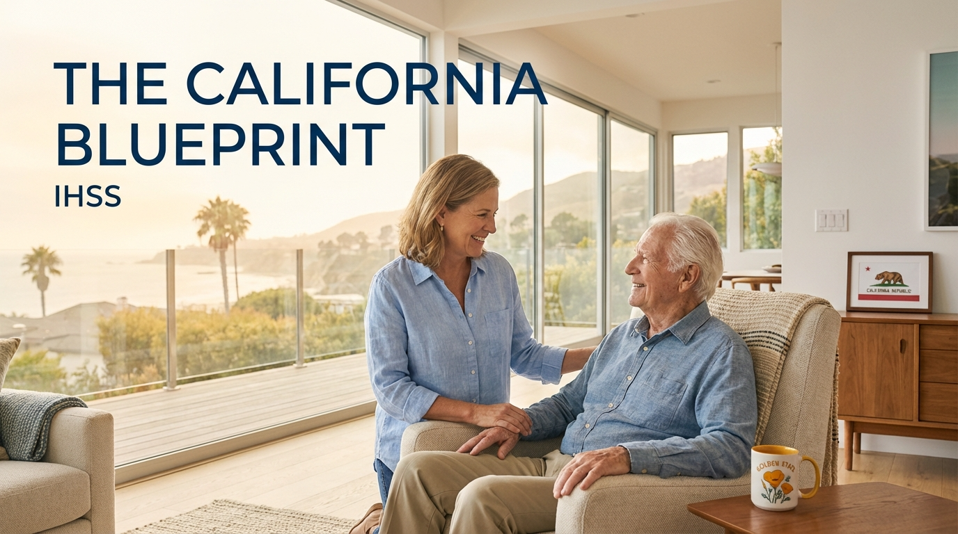 Title card reading "The California Blueprint: IHSS" over a woman sitting with an older man in a sunlit room