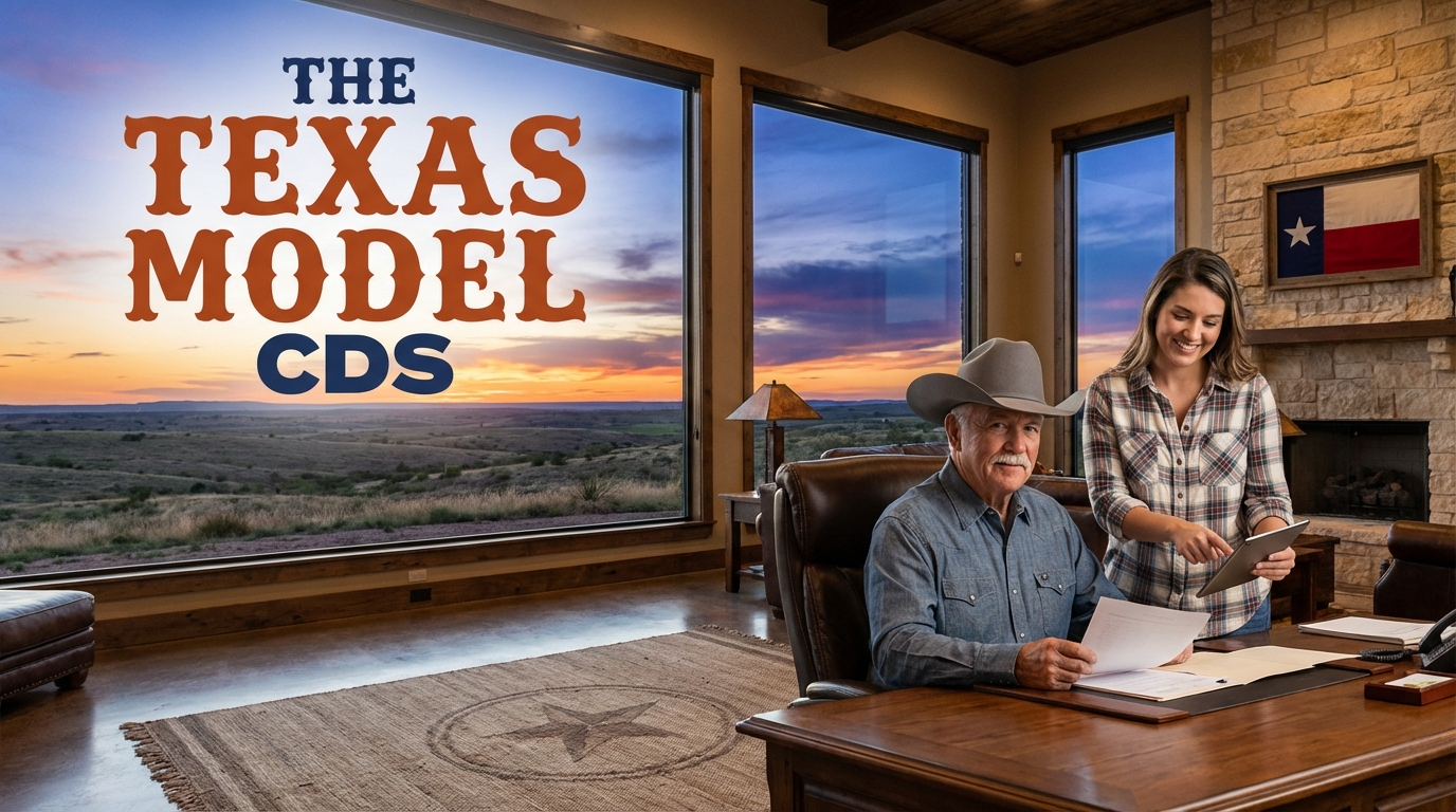 Title card reading "The Texas Model: CDS" over an older man in a cowboy hat reviewing papers with a younger woman