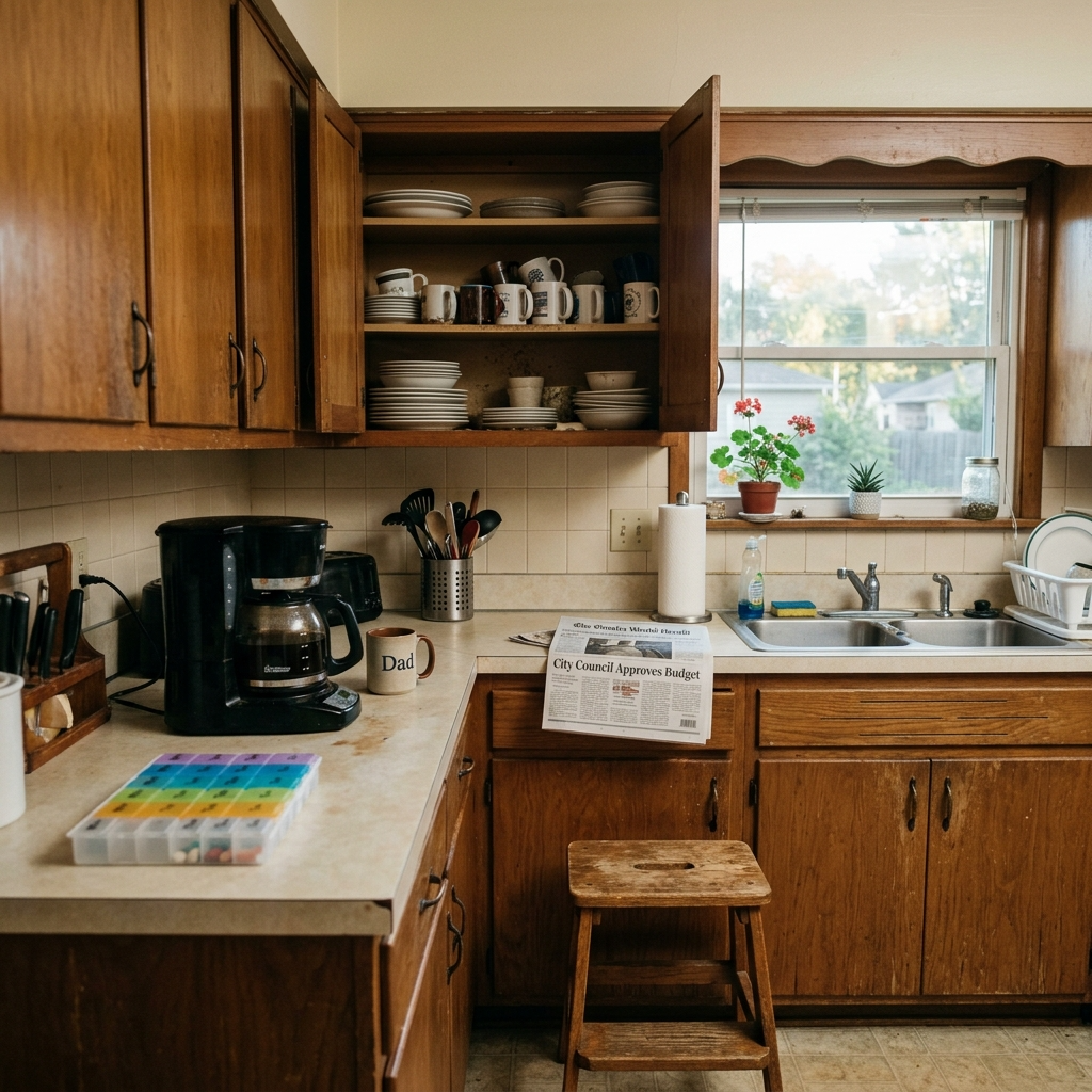 A lived-in kitchen with wooden cabinets, a weekly pill organiser on the counter and a wooden step stool beside it