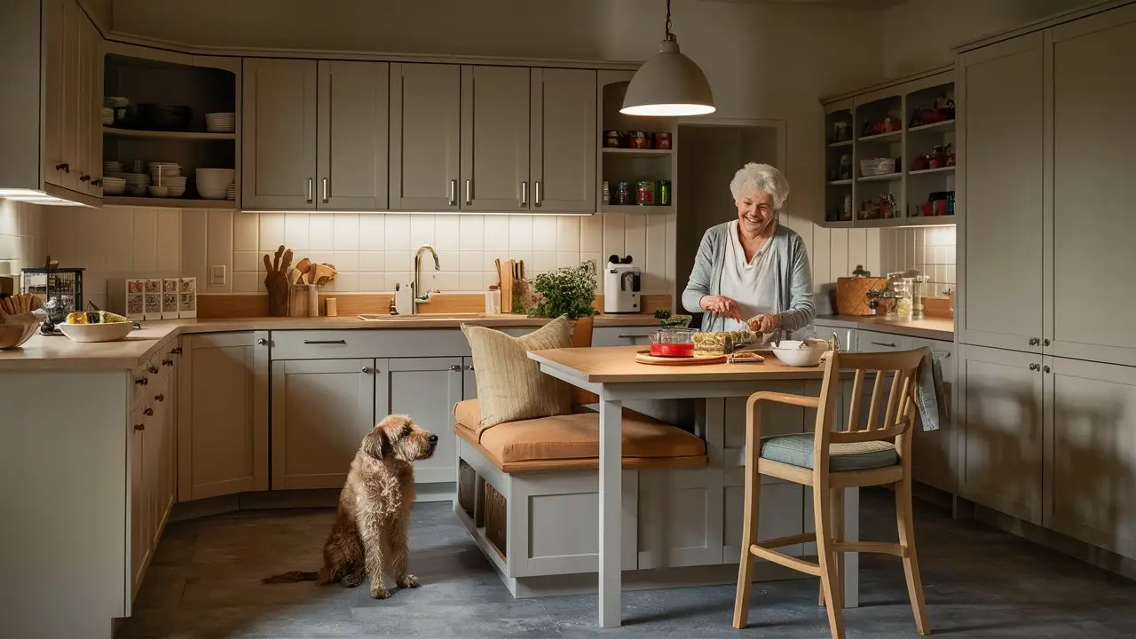 An older woman preparing food at the island of a bright, uncluttered kitchen with a dog sitting nearby