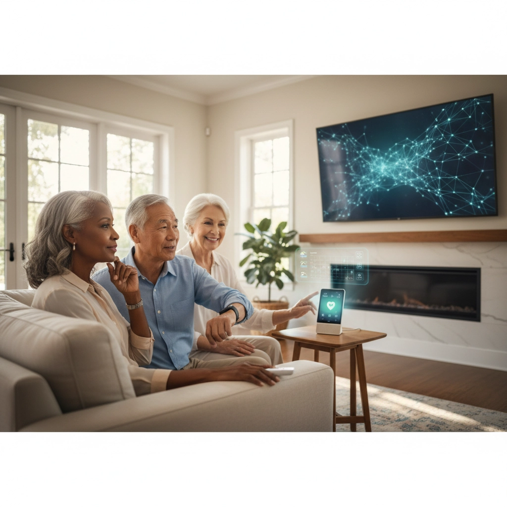 Three older adults on a sofa watching a wall screen showing a network diagram, a small sensor on the side table