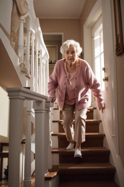 An older woman coming down a home staircase, one hand on the banister