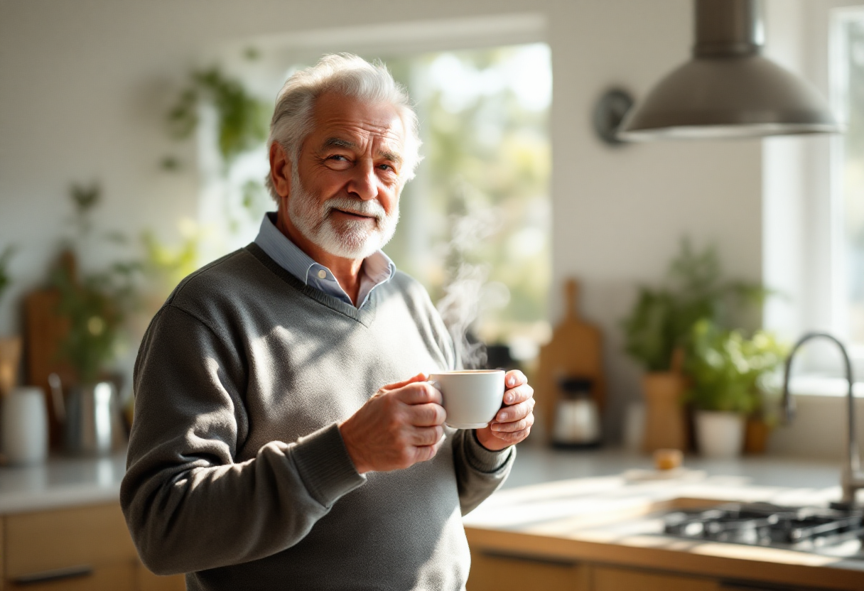 An older man standing alone in his kitchen with a mug of coffee, smiling