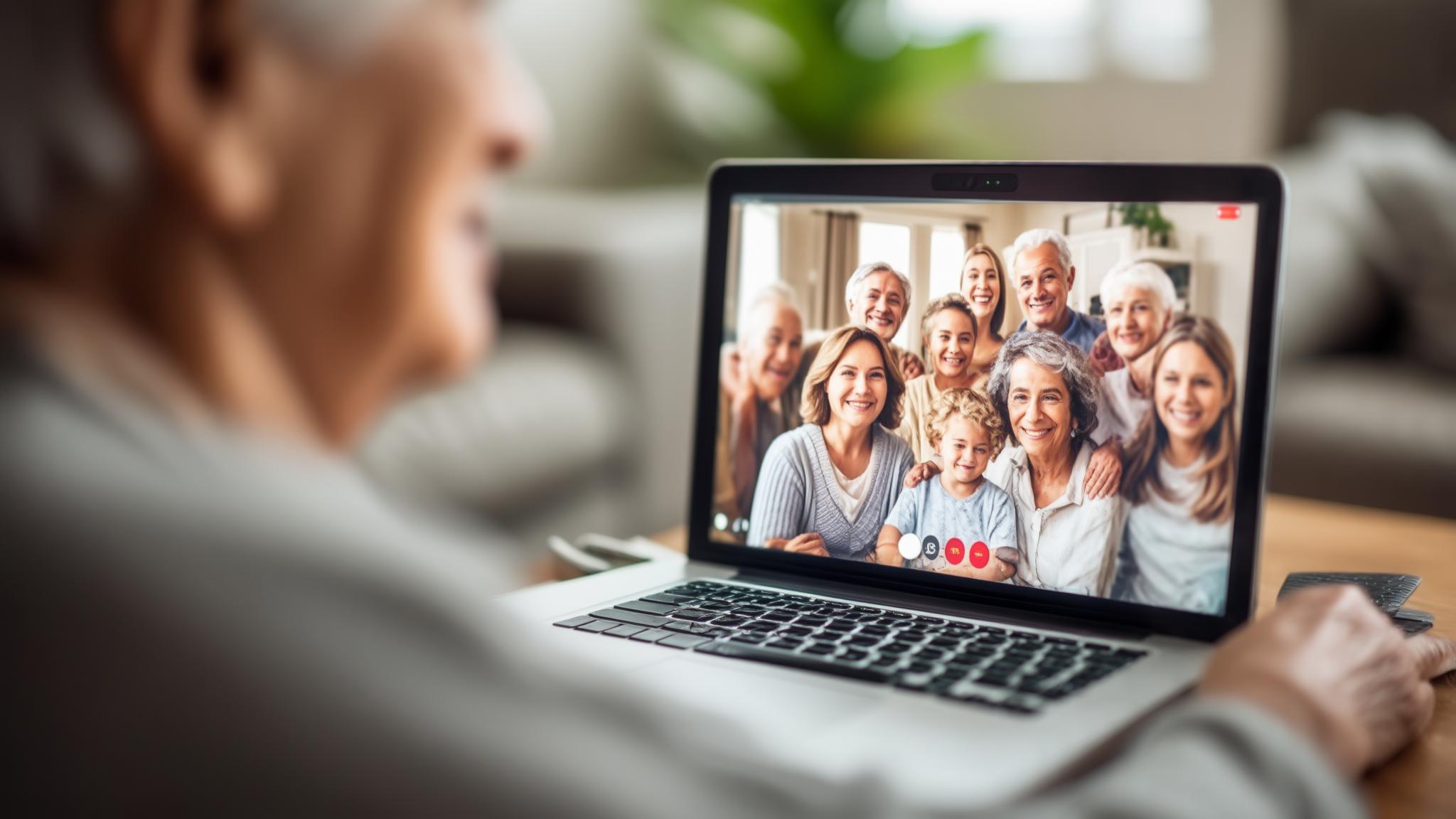 An older person at a laptop on a video call, the screen filled with a large group of family members