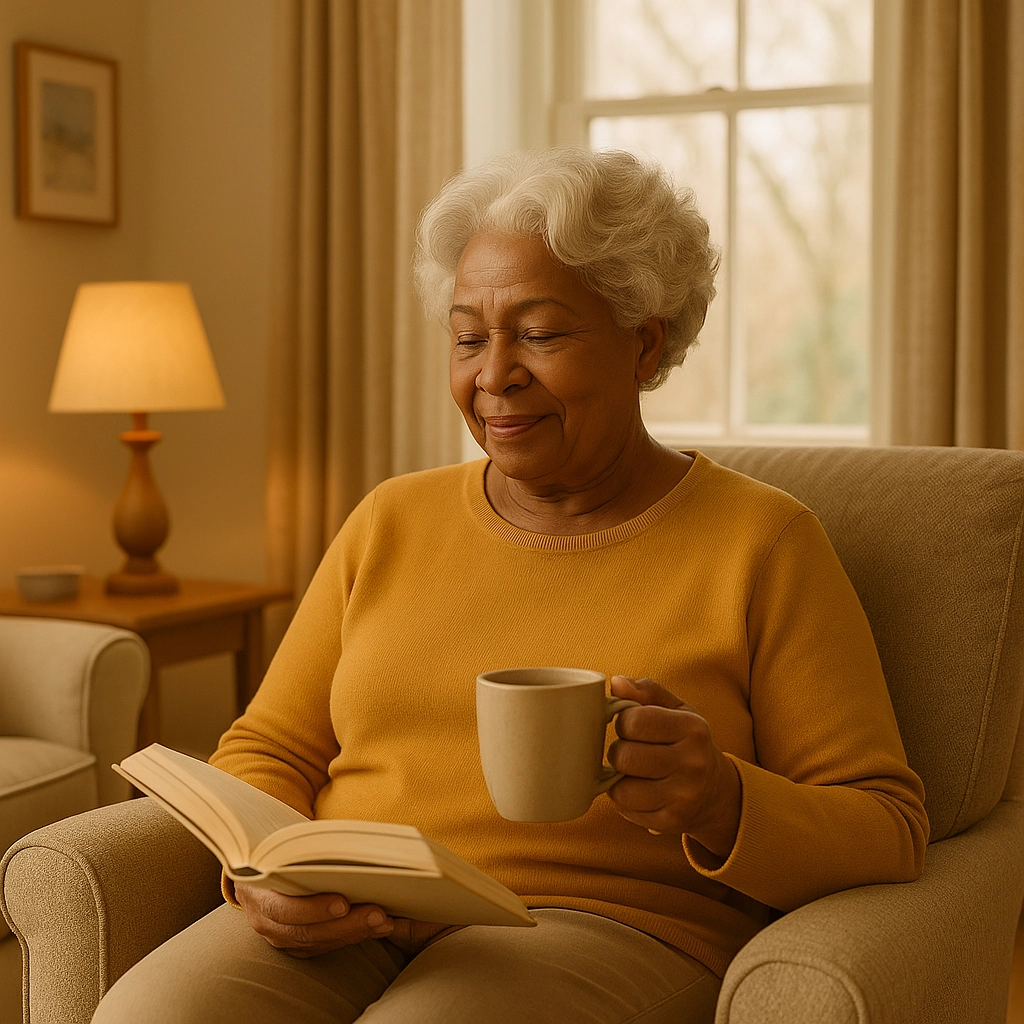 An older woman reading a book with a mug of tea in a warmly lit armchair