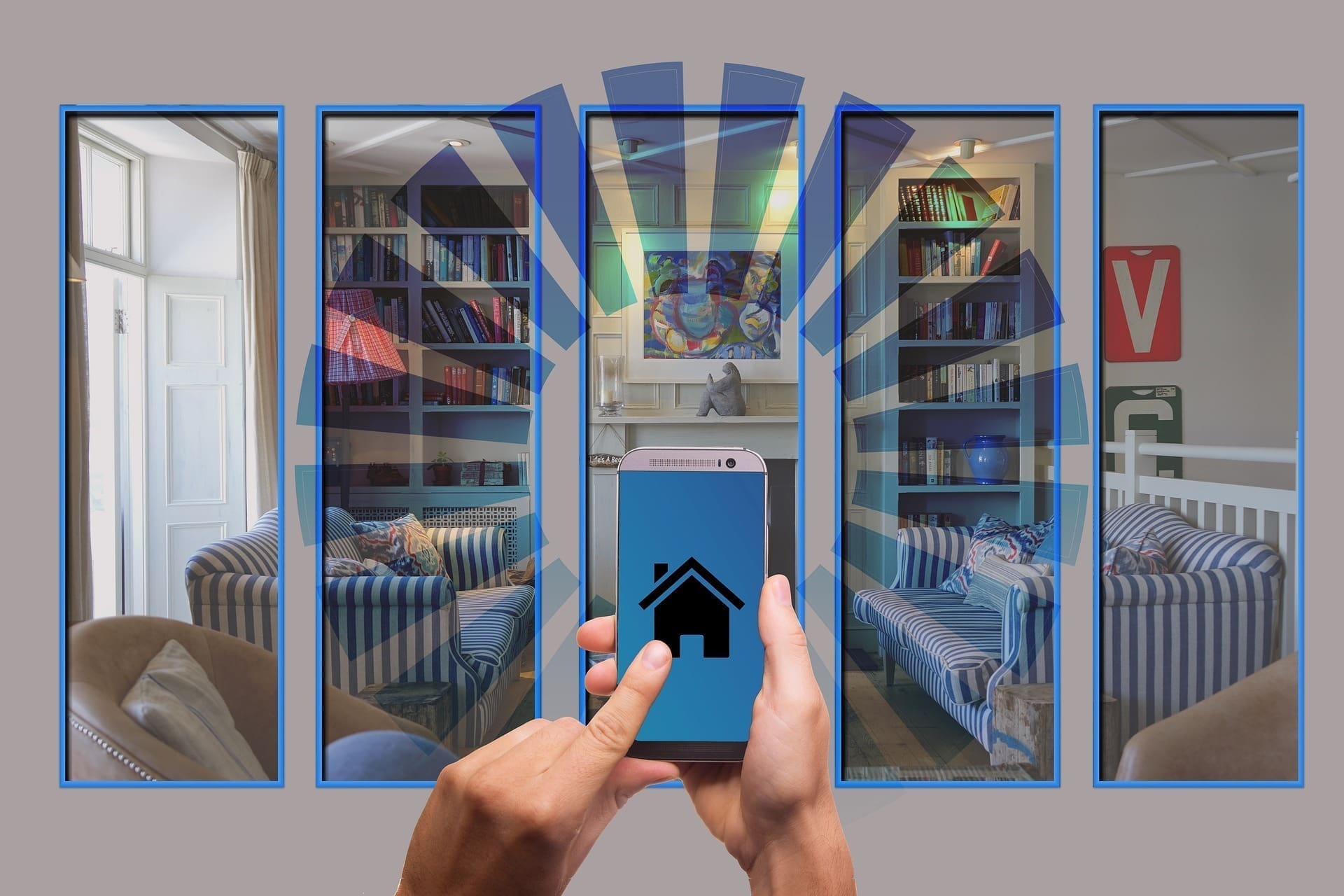 Illustration of a hand holding a phone with a house icon, ringed by panels showing rooms of a connected home