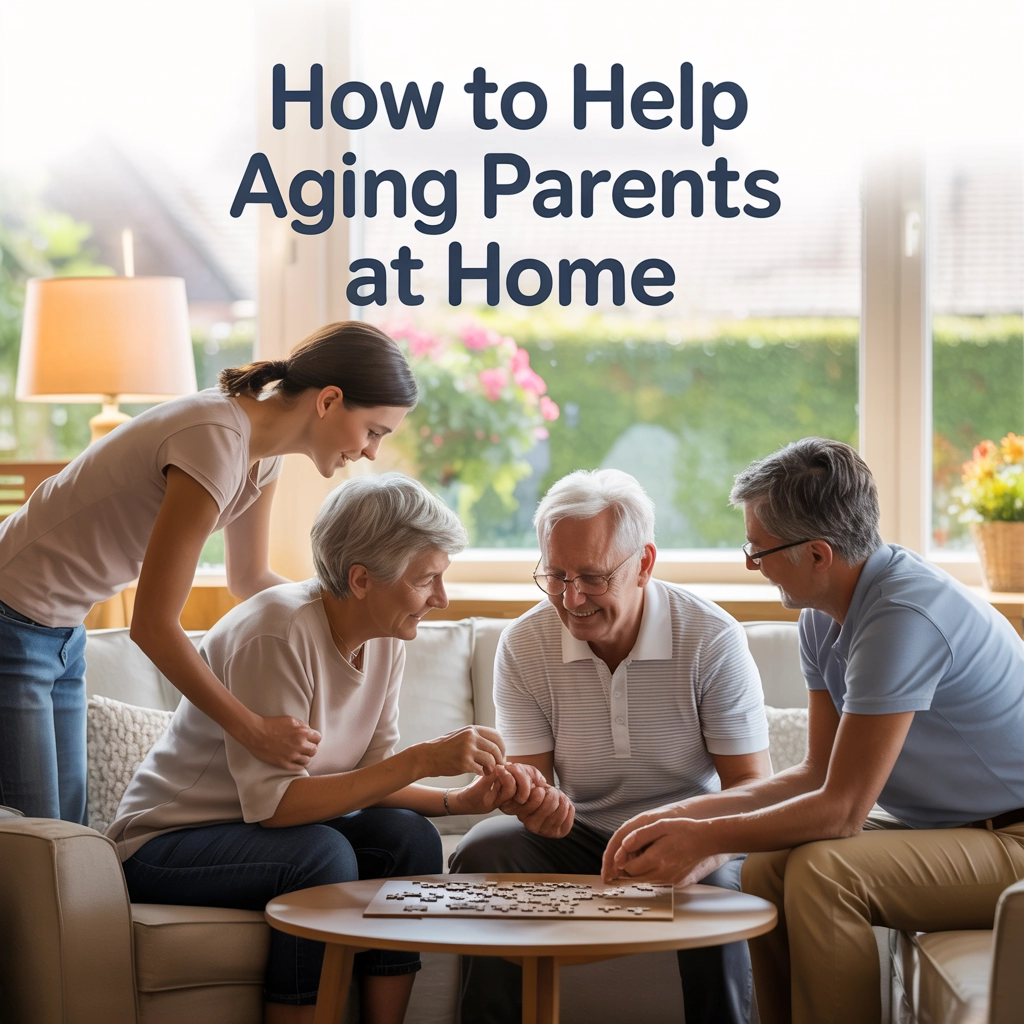 A family working on a jigsaw puzzle around a coffee table, titled "How to help aging parents at home"
