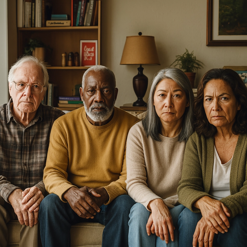Four older adults sitting in a row on a sofa, none of them smiling