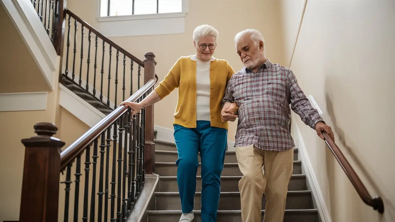 An older couple coming down a staircase together, one holding the handrail and the other a cane