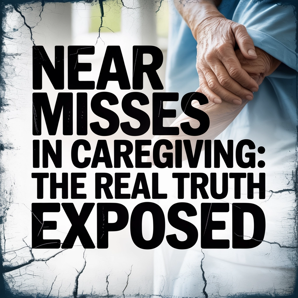Title card reading "Near misses in caregiving: the real truth exposed" over two clasped hands