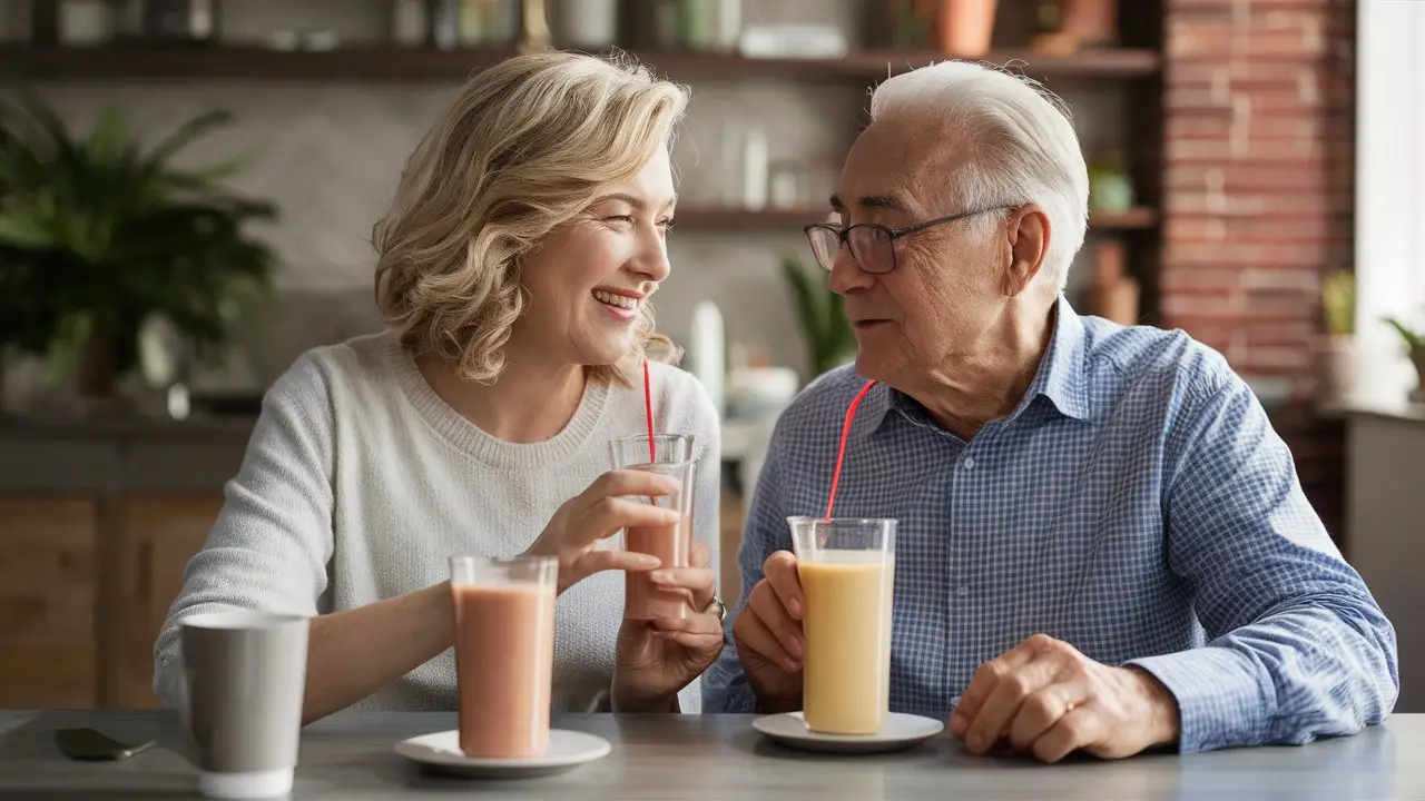 A woman and an older man at a table with two tall glasses of protein shake