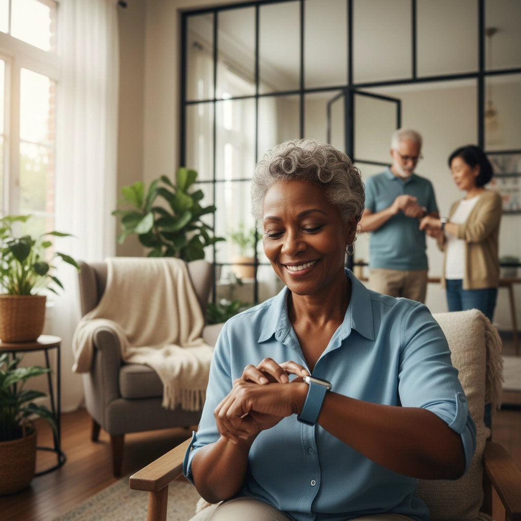 An older woman checking a smartwatch on her wrist in a bright living room