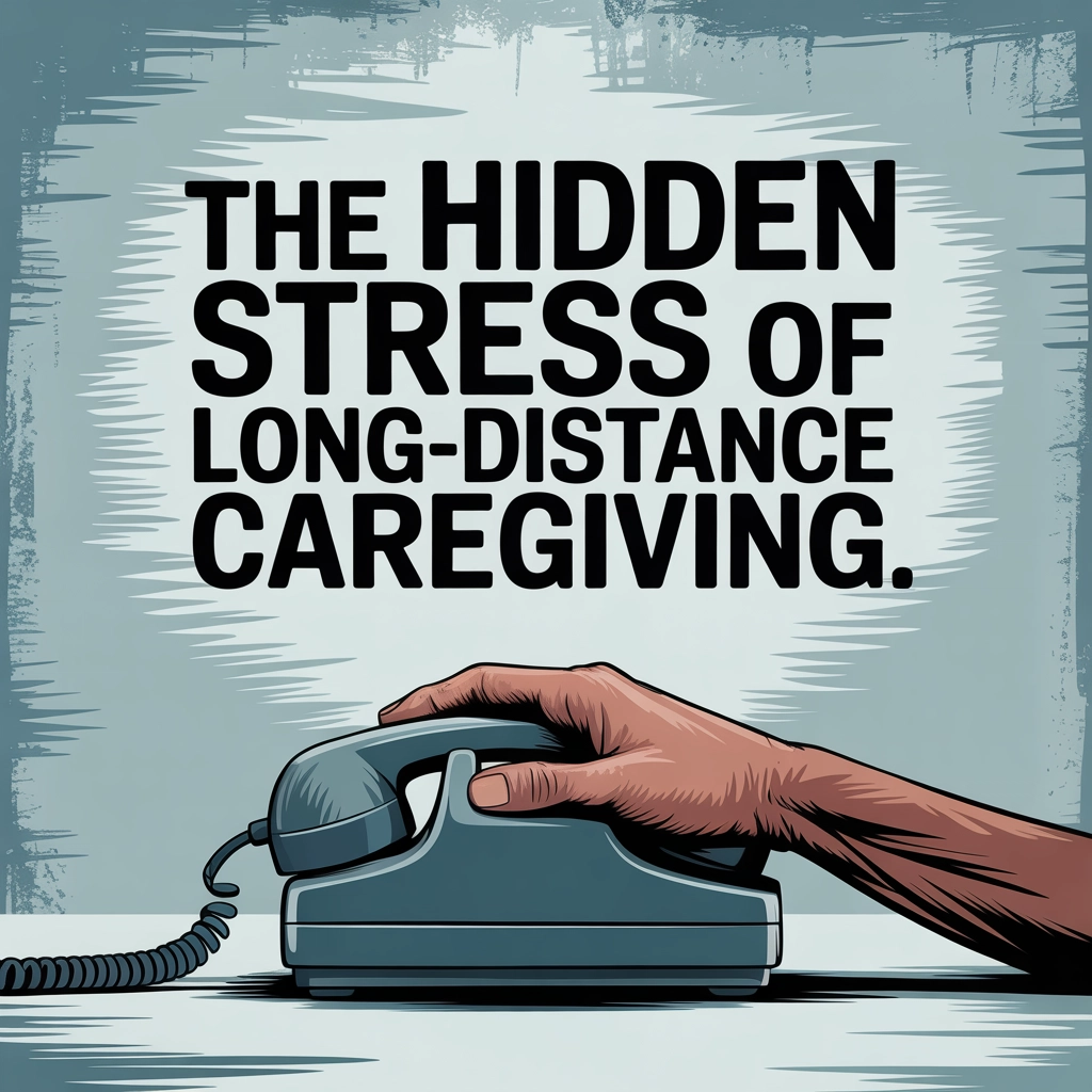 Illustrated card reading "The hidden stress of long-distance caregiving", a hand resting on a telephone