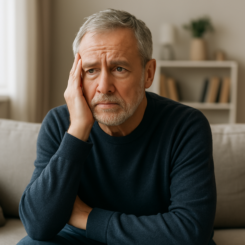 An older man sitting alone on a sofa, head resting on his hand, looking troubled