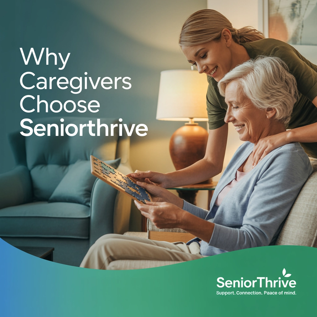 A caregiver leaning over an older woman in an armchair as they look at a booklet together